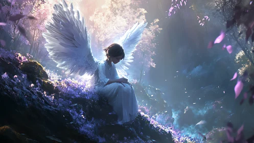 Gentle winged guardian resting in a dreamy twilight forest.