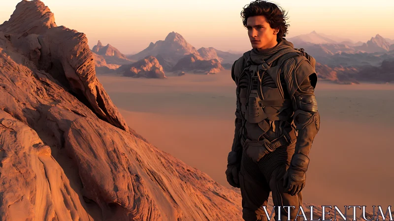 Desert-clad figure in tactical suit on sunlit alien ridge.