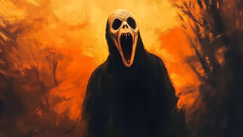 Hooded skeletal figure with open jaw in orange background.