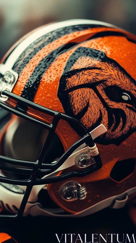 Rain-soaked orange football helmet captures gritty focus.