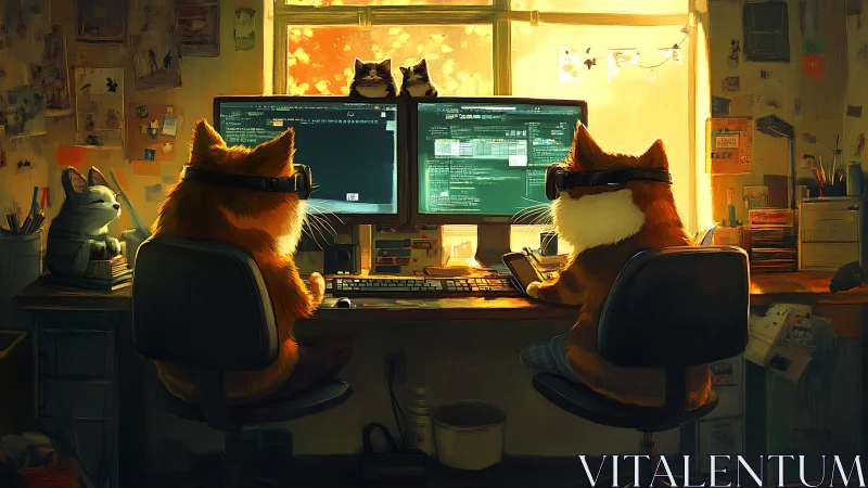 Feline Code Warriors: Cats Programming in Neon Gold Light.