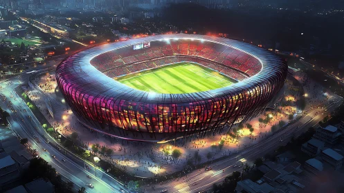 Nocturnal aerial of illuminated oval football stadium exterior
