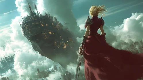 Figure with sword observes airborne fortress amid dense clouds