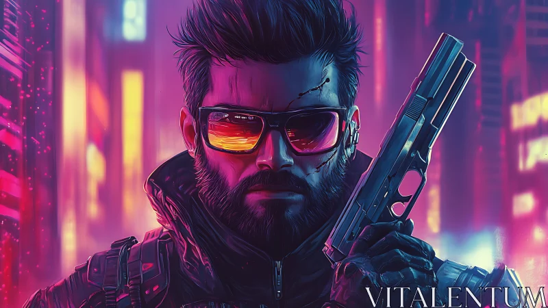 Neon vigilante with chrome pistol in synthwave night haze.