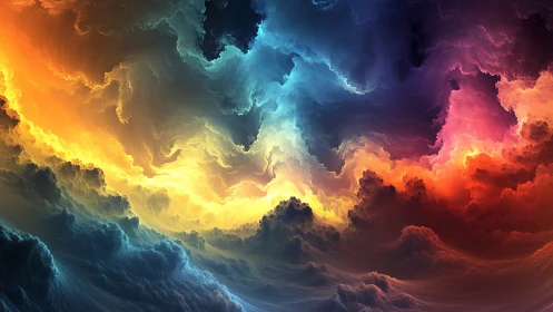 Surreal multicolor nebula cloudscape with radial light dynamics.