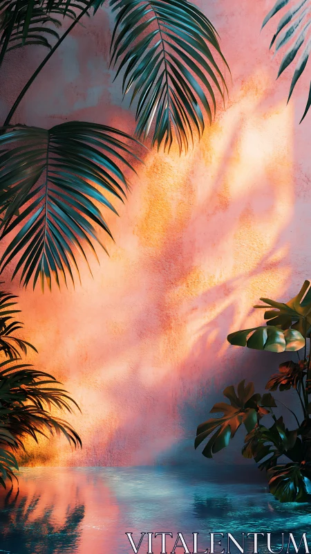 Palm leaves cast sharp shadows on warm pink wall