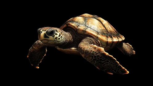 Photorealistic sea turtle render with dramatic chiaroscuro lighting.