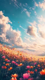 Wildflower meadow under expansive sky with cumulus clouds.