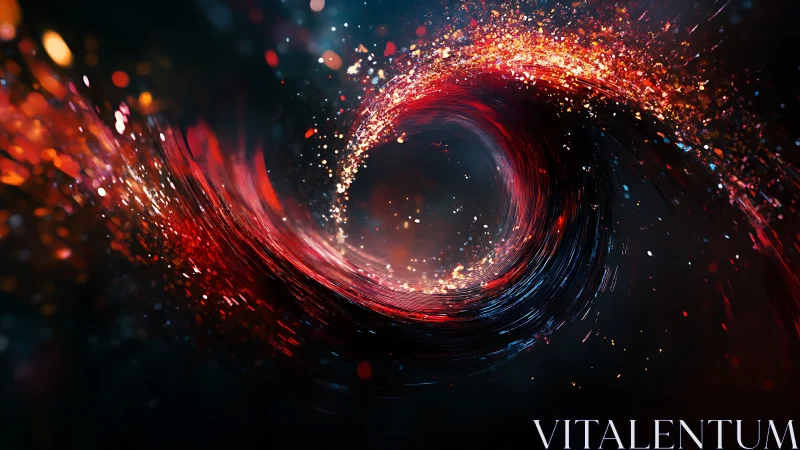 Abstract swirling light vortex with red and orange particles.