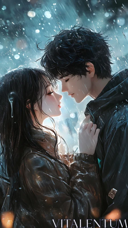 Digital painting of romantic couple embracing in rainstorm.