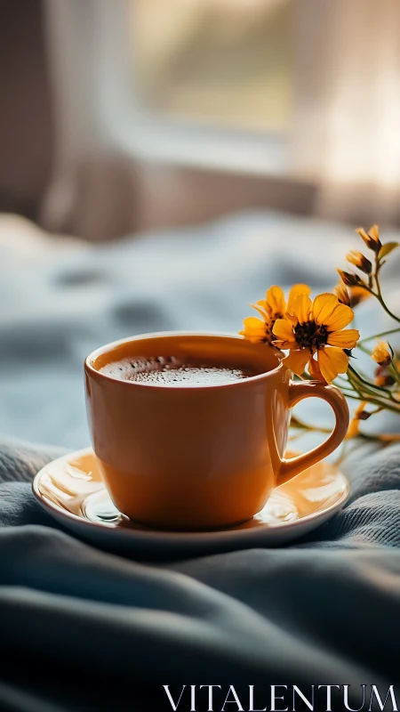 Yellow ceramic cup and saucer sit on fabric near window