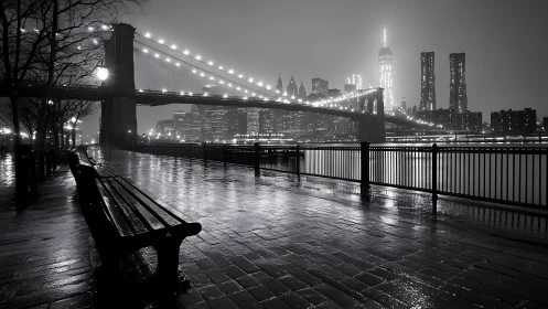 Wet promenade faces illuminated bridge and city skyline