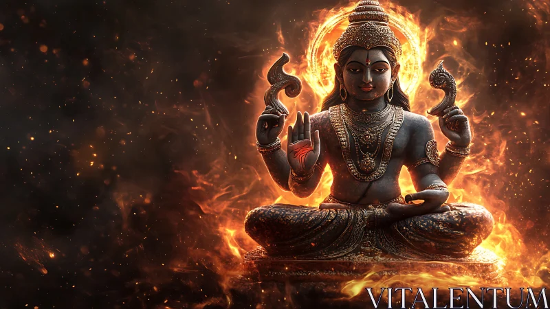 Divine fire deity in meditative balance amid swirling embers.