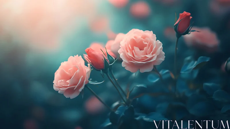 Peach Roses Blooming in Teal Reverie Dreaming.