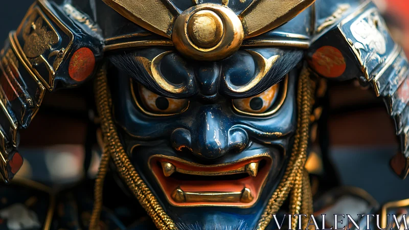 Macro close-up of blue oni-style samurai kabuto mask with gold trim