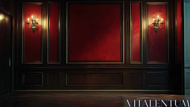 Dark paneled interior wall with red insets and sconces.