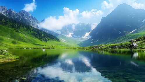 Mountain lake mirror under bright alpine summer sky.