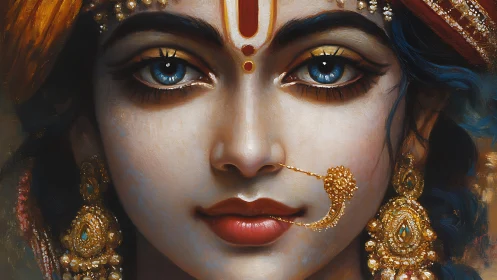 Gilded gaze of a divine woman in jeweled splendor.