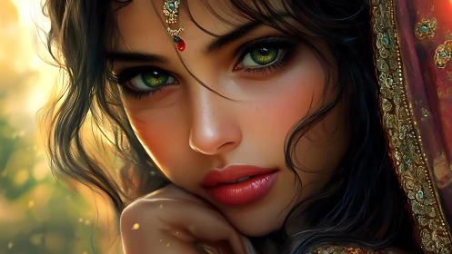 Emerald gaze beneath jeweled veil in golden afternoon hush.