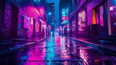 Neon rainlit alleyway glowing with late night city dreams.