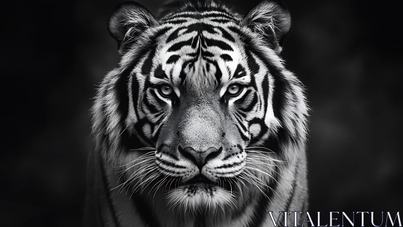 Monochrome tiger portrait in high-contrast photorealism.