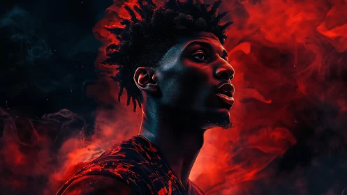 Intense stylized portrait of man in red and black smoke.