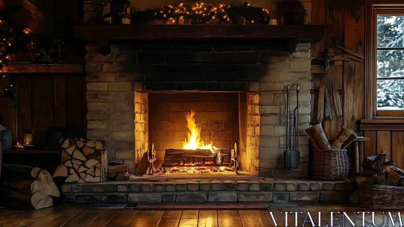 Stone fireplace with blazing wood fire and golden ambient lighting.