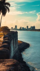 Sunlit coastal walkway guiding the eye toward the calm city.