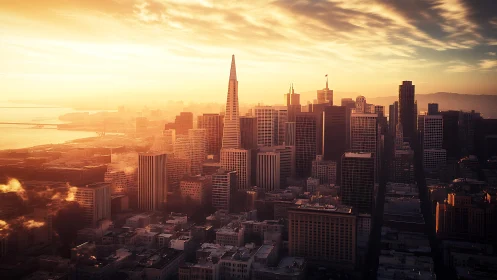 Sunrise over dense coastal skyline with tapered tower form.