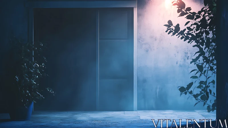 Nocturnal doorway in cinematic blue haze and hard sidelight