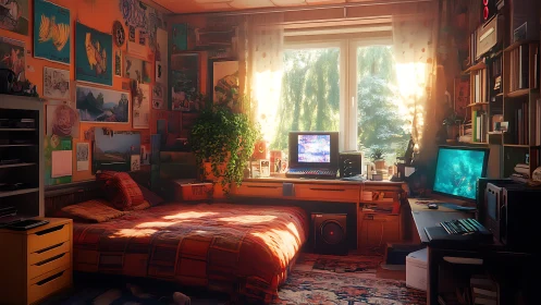 Sunlit bedroom workstation blends retro computer gear and art