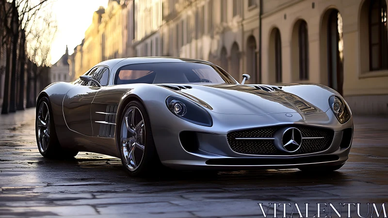 Sleek silver Mercedes coupe on wet urban boulevard at dawn.