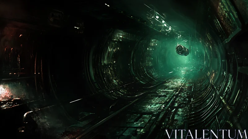 Cylindrical tunnel contains suspended mechanical probe in gloom