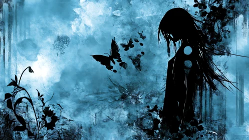 Silhouetted girl with butterflies in grunge cyan abstract field