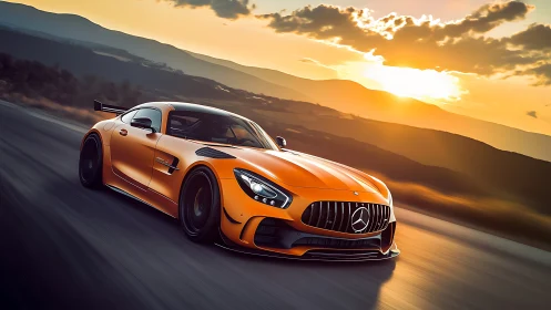 Sunlit orange sports car races along a winding mountain road