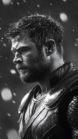 Monochrome heroic portrait in rain with cinematic side profile.