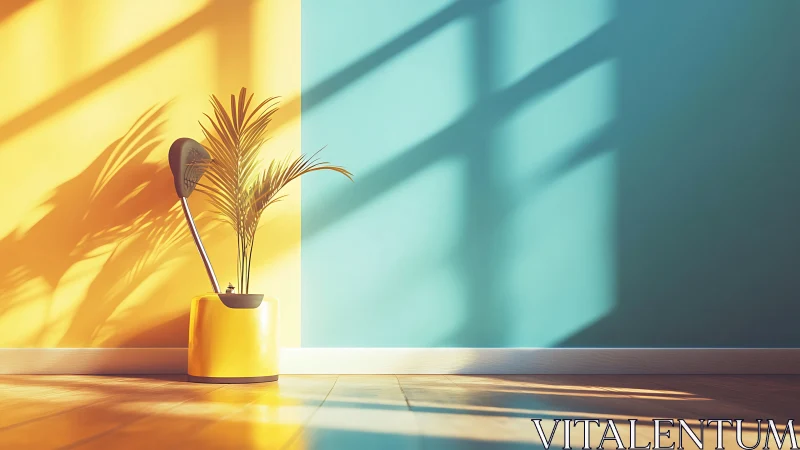 Yellow planter with palm against split yellow teal wall.