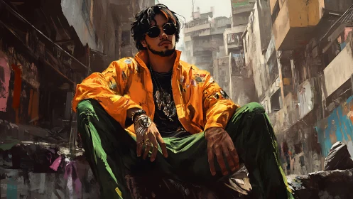 Street throne in neon threads amid crumbling concrete labyrinth.