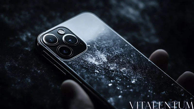 Smartphone macro closeup with dust on reflective screen.