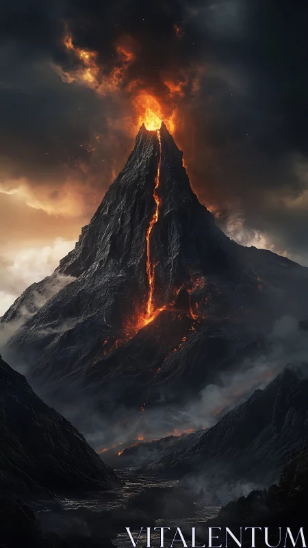 Fiery mountain summit spills glowing lava into dark valleys