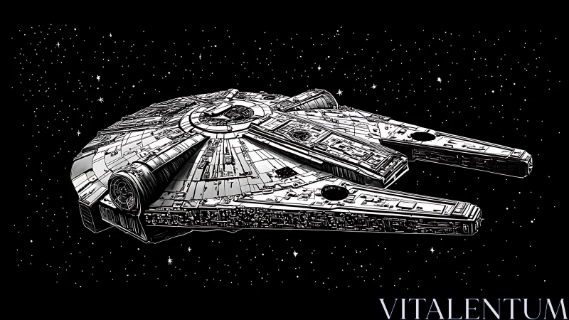 Iconic freighter starship rendered in bold monochrome ink.