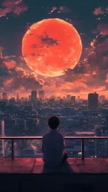 Solitary figure on rooftop observing large red moon.