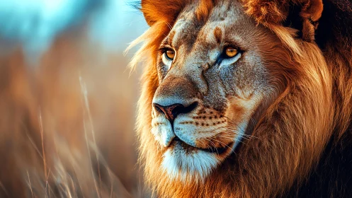 Male lion portrait isolates warm-toned fur with sharp focus