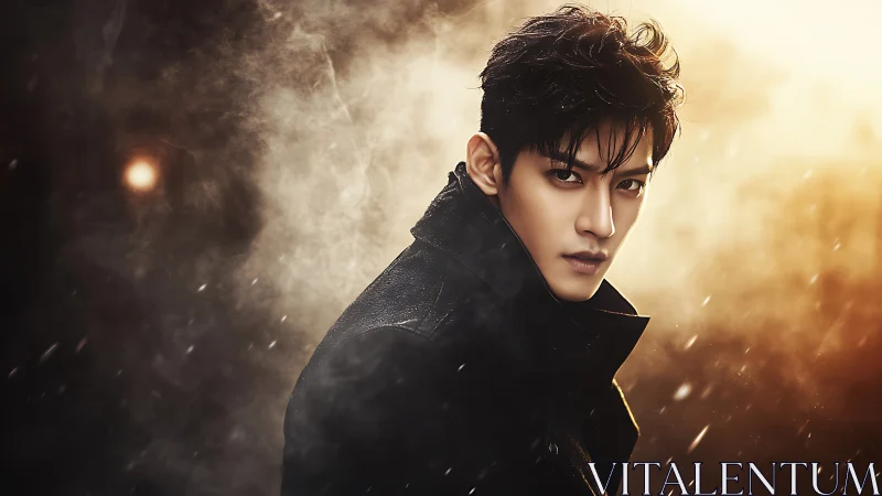 Stormlit portrait of brooding man in cinematic haze.