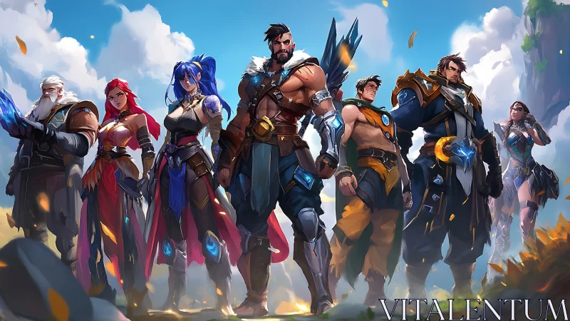 Colorful fantasy heroes stand united beneath bright skies.