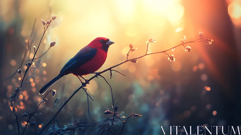 Vibrant red bird on a branch at sunrise, soft dreamy bokeh style.