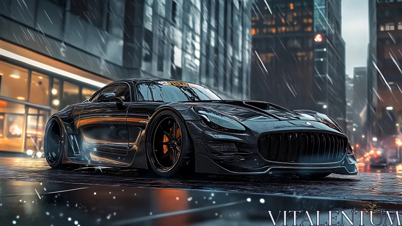 Midnight carbon supercar on rain-soaked neon city street.