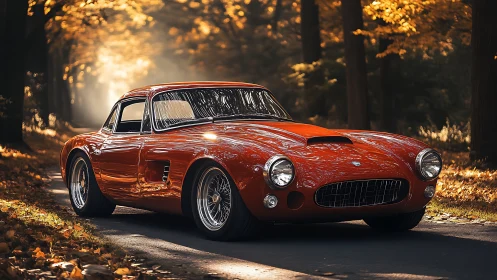 Classic red grand tourer on forest road under autumn light