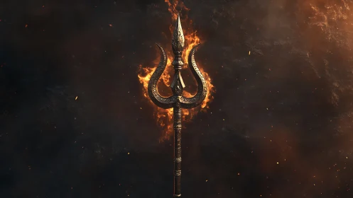 Fiery trident rises with glowing metal curves and sparks
