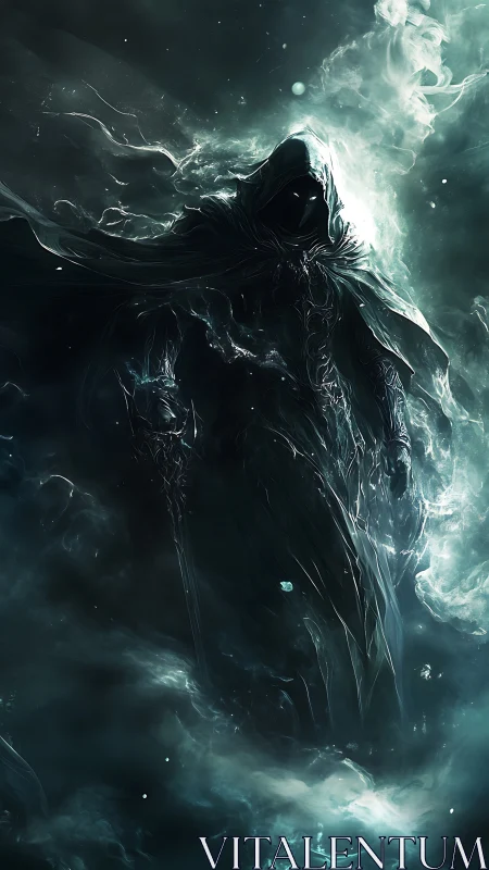 Dark hooded wraith emerging from swirling spectral mist.